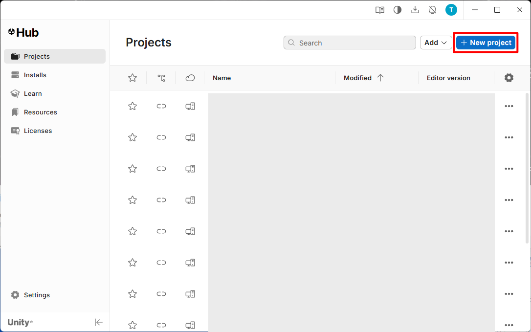 Unity Hubの画面①
